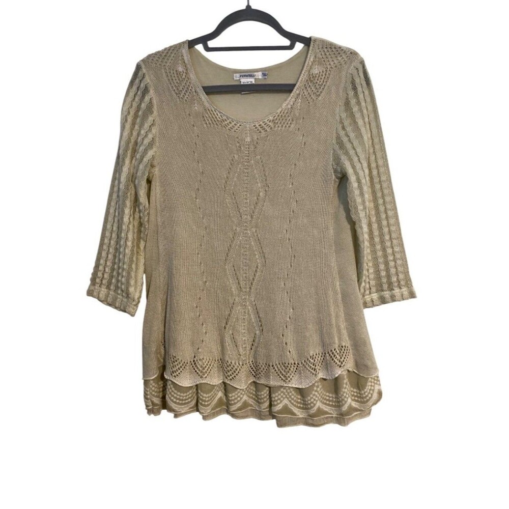 Feratelli Sweater Women’s S Beige Tunic Top Lace Hem 3/4 Sleeves Boho Cottage